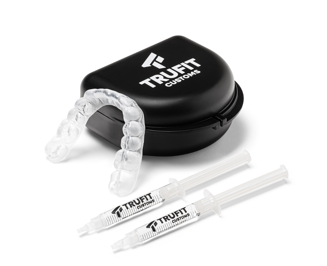 TRUFIT custom teeth whitening tray with whitening gel syringes in black case