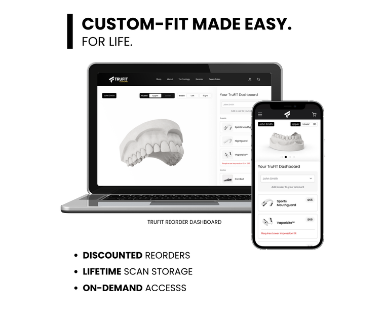 Custom-fit made easy – TRUFIT online dashboard on laptop and phone showing your 3D dental scan and order