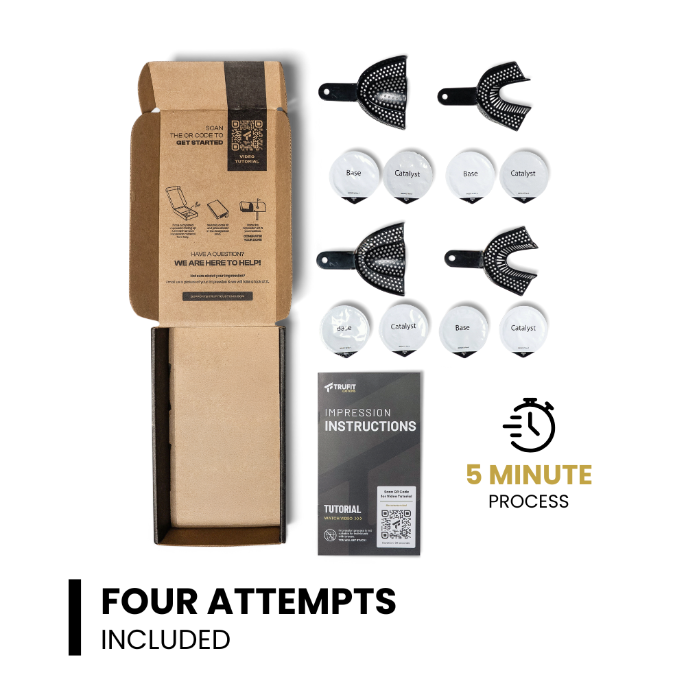 TRUFIT at-home dental impression kit – putty, trays, instructions and prepaid return mailer, four attempts included